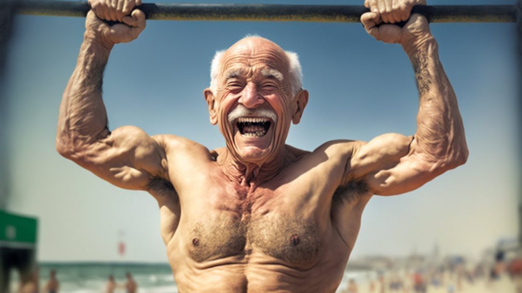 AI image of one happy, jacked old man